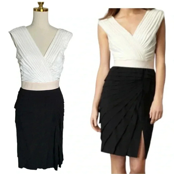 TADASHI SHOJI | Pleated Ivory/Black Sleeveless Crepe Midi Sheath Dress Size 6 - Picture 2 of 12